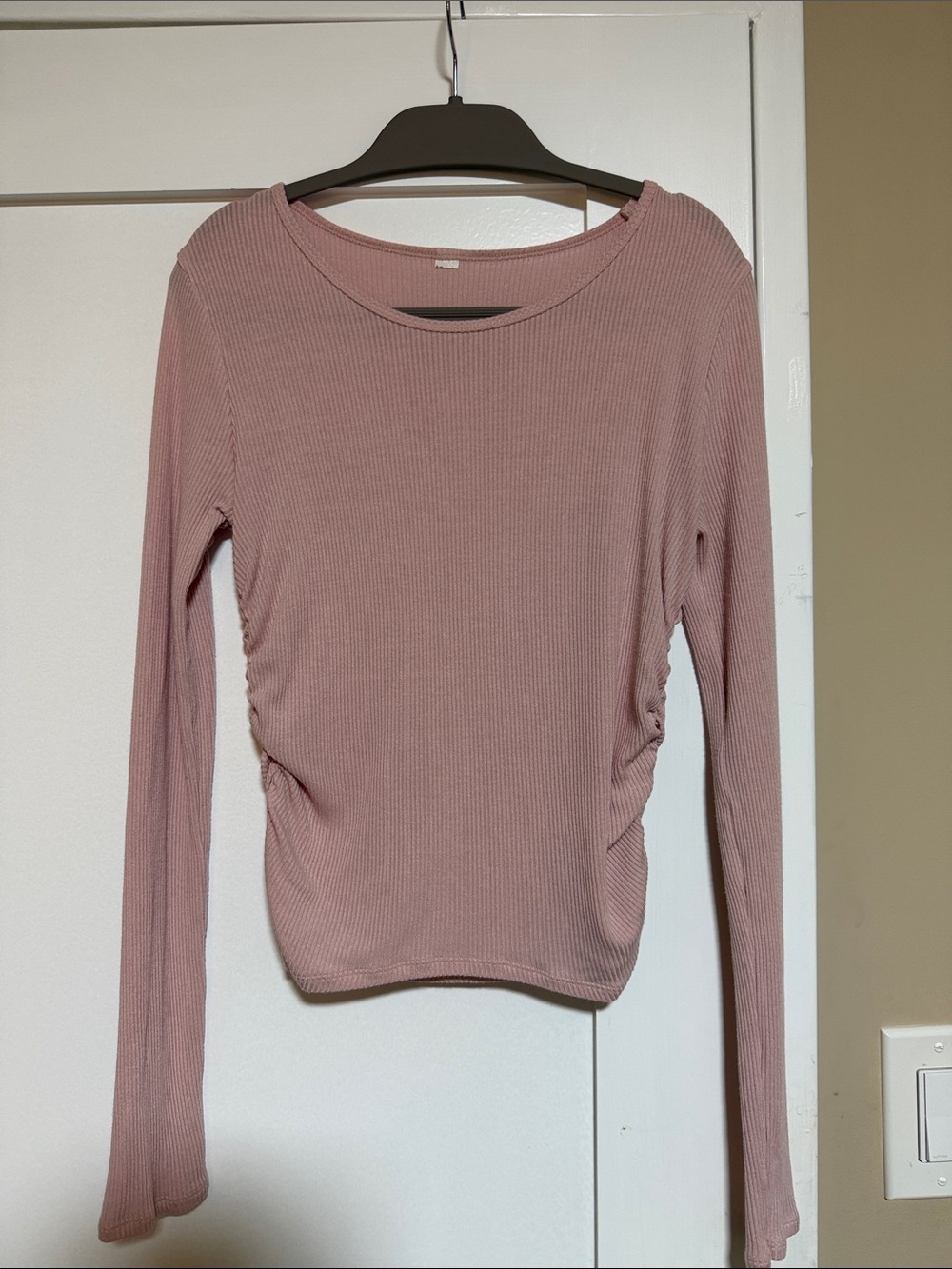 ALO Yoga Gather Long Sleeve Ribbed Crewneck Top in Pink Mauve
